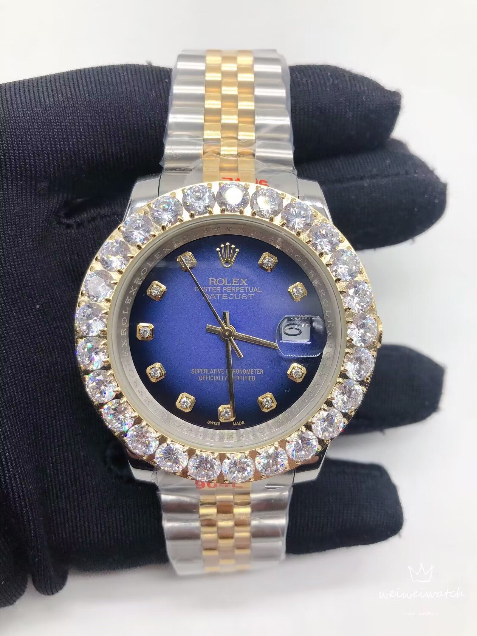 Rolex Men's Datejust 41mm 18k Yellow Gold & Steel ICED Diamonds Blue Dial