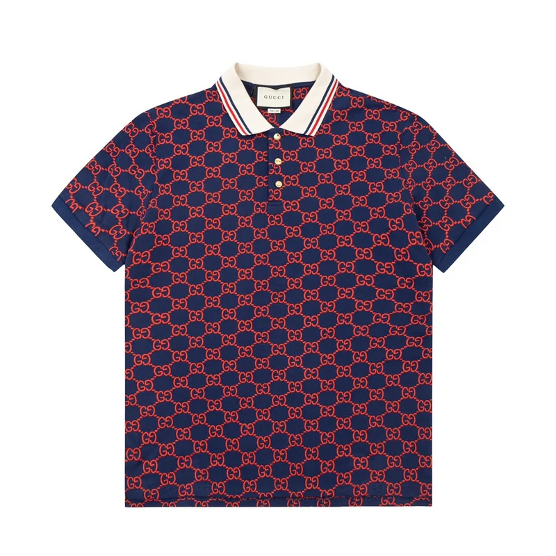 GUCCI Men Blue and Red GG-Monogram Cotton-Blend Pique Polo T-Shirt