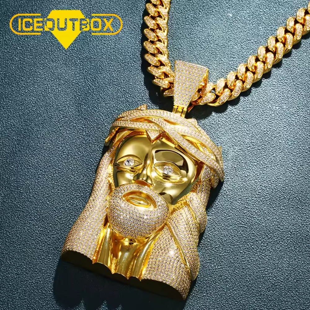 "Oversize Religious Jesus Head Pendant Necklace with Tennis Chain"