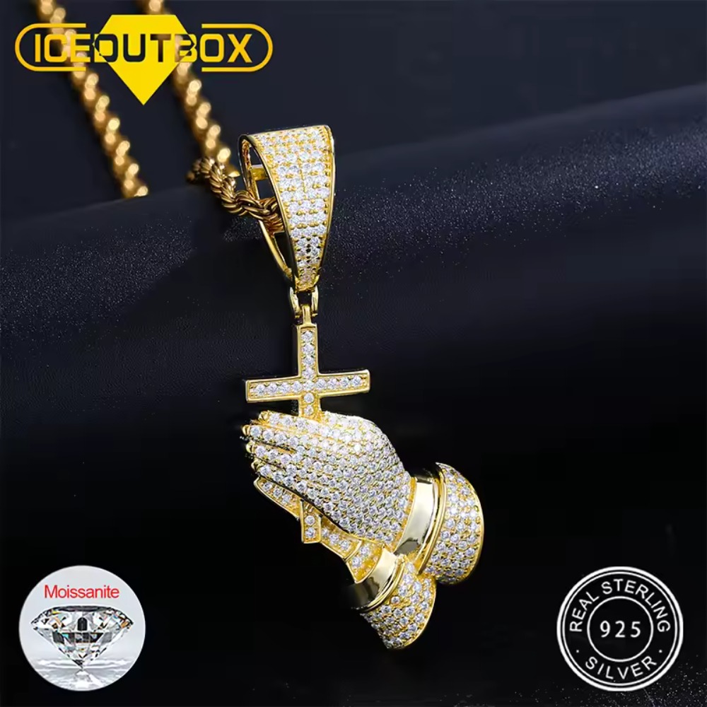 D Color Moissanite Cross Pray Hand Pendant Necklace 925 Sterling Silver Hip Hop Jewelry - Diamond Tested