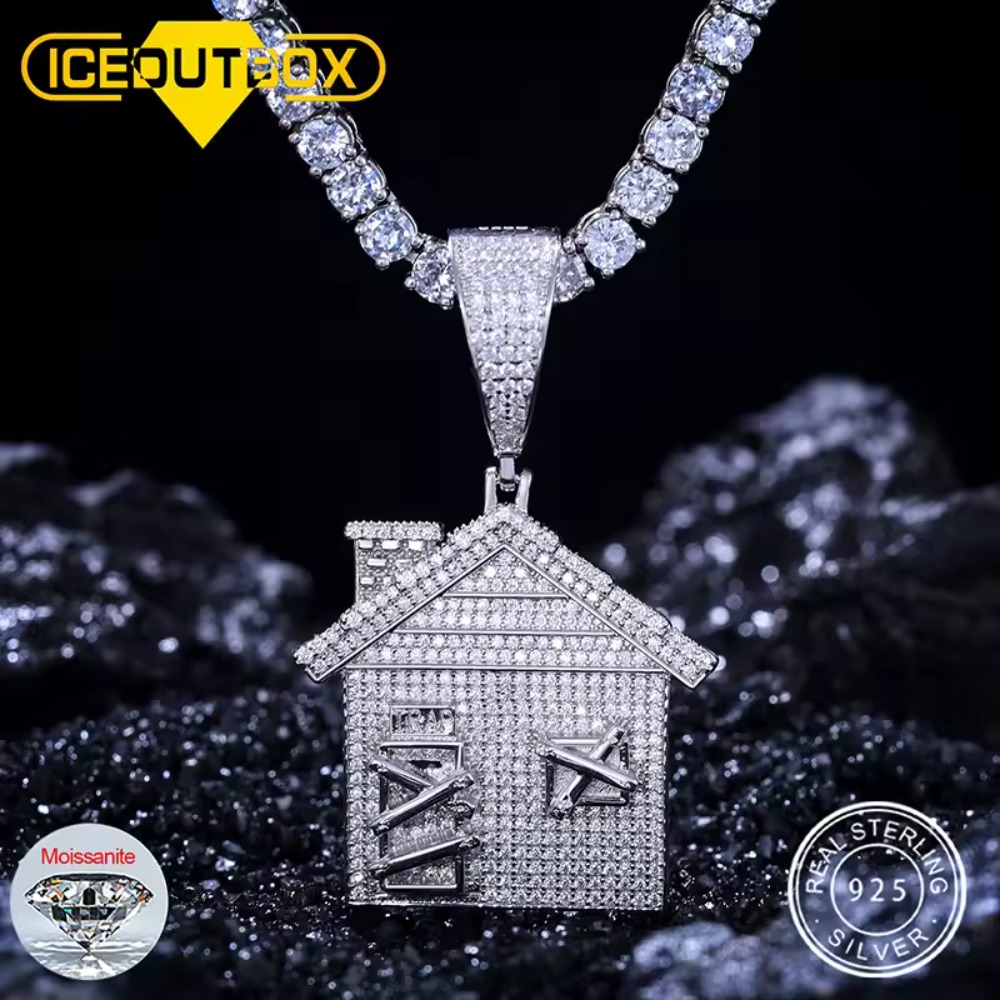 925 Silver Iced Out Moissanite House Pendant Necklace - Classic Door Pendant