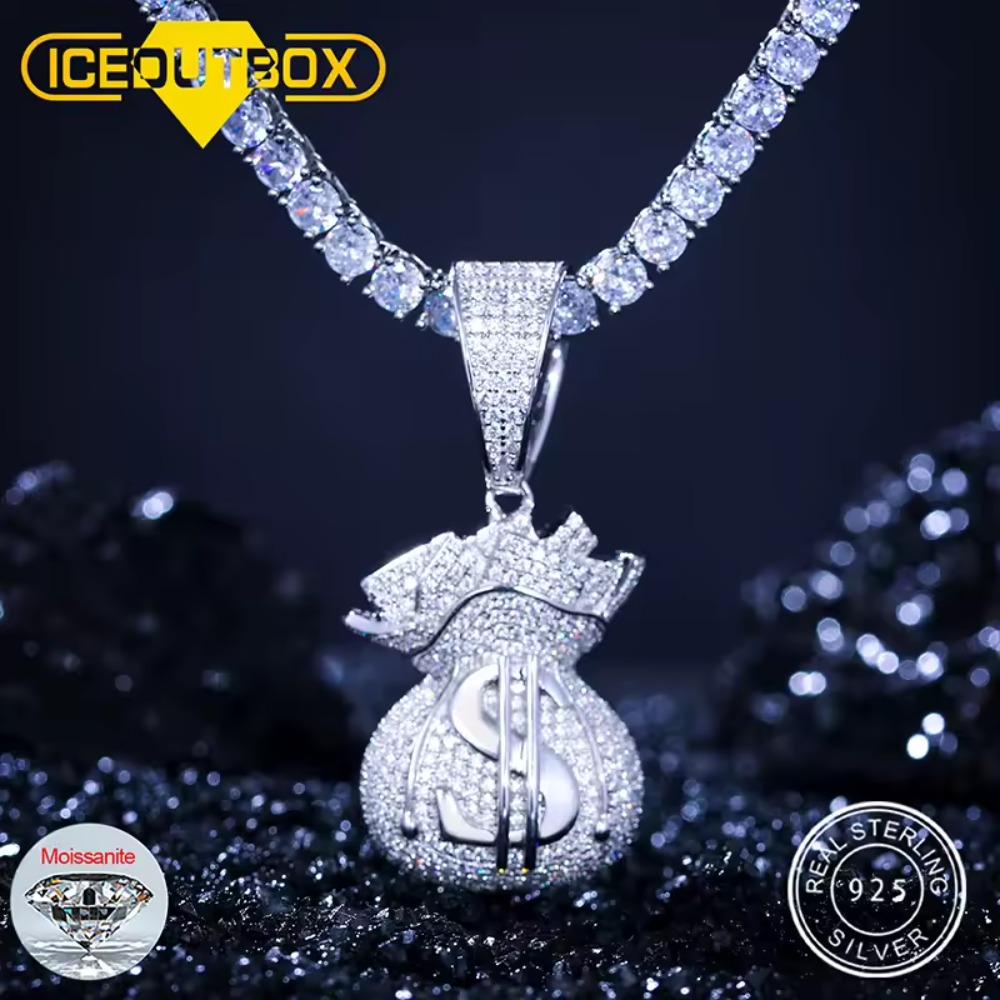 D Color VVS Moissanite Money Bag Pendant Necklace 925 Sterling Silver Hip Hop Rock Jewelry