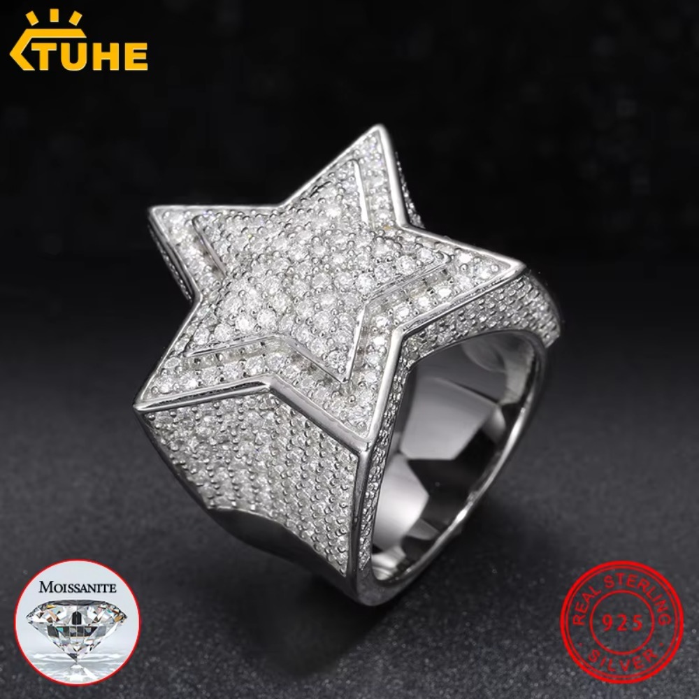 Certified VVS1 Moissanite Star Rings in 925 Silver - Hip Hop Men's Jewelry