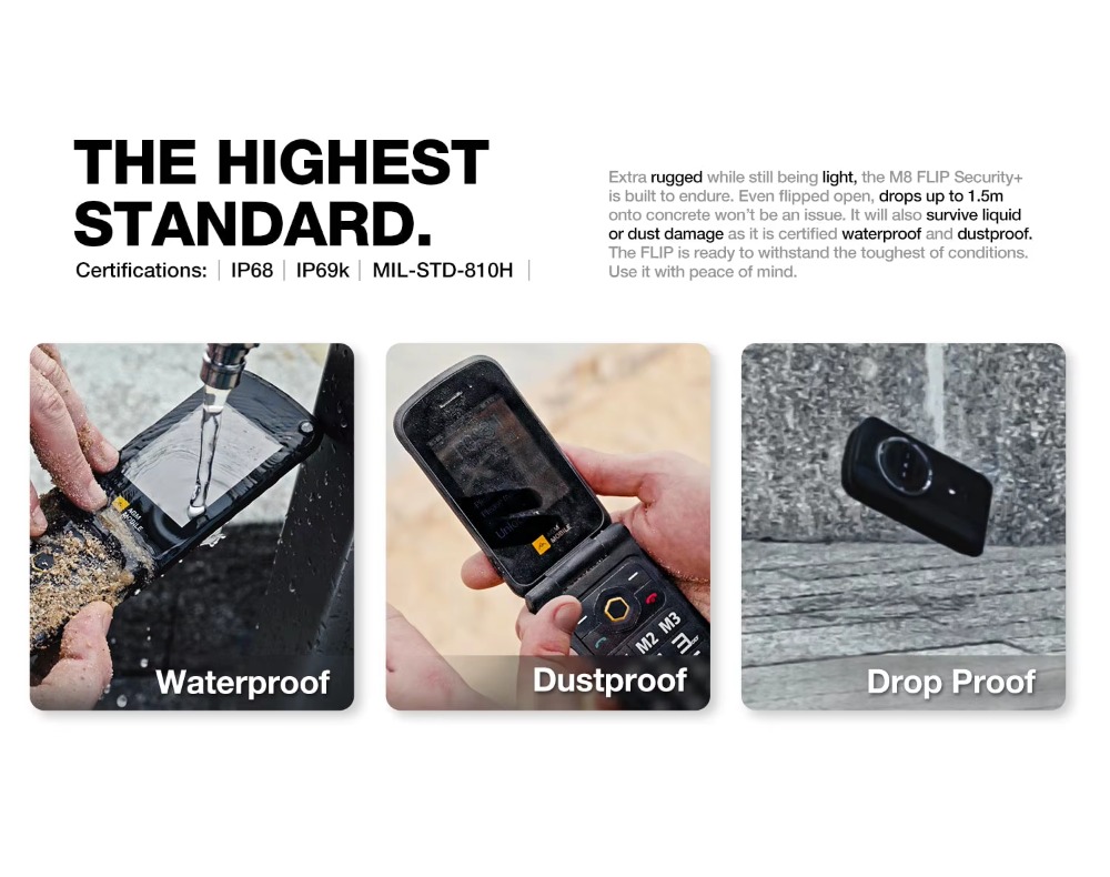 AGM M8 Security Rugged Flip Phone for Seniors - No Camera/Bluetooth, Waterproof, 4G, SOS Button, FM Radio