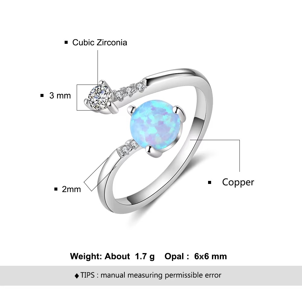 Women's Silver CZ Wrap Ring with Blue Opal - Adjustable Wedding Fashion Jewelry