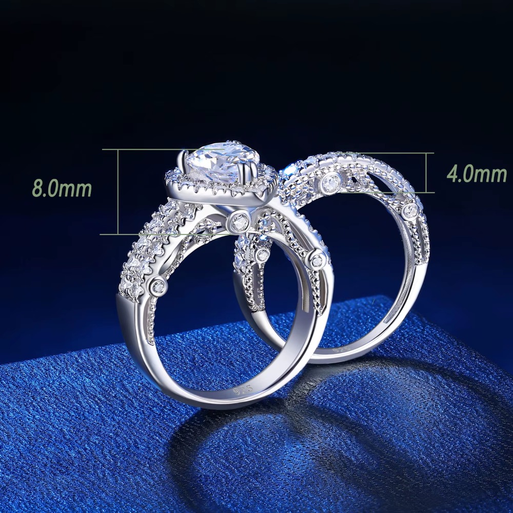 Newshe 925 Sterling Silver Wedding Rings Set for Women Pear Cut CZ Vintage Bridal Jewelry