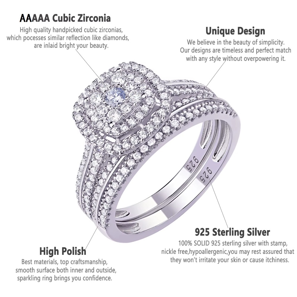 Professional Women's Wedding Ring Set: 2Pcs 925 Sterling Silver Engagement Ring - 1.6Ct AAAAA Zircon Halo Cut