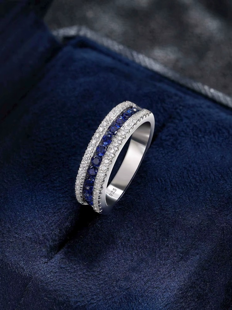 925 Sterling Silver White & Blue Created Sapphire Half Eternity Wedding Band for Women